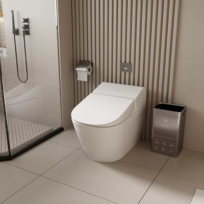 Modern Bathroom Interior With Smart Toilet Shower Enclosure Vertical Striped Wall And Light Tiled Floor 3d model