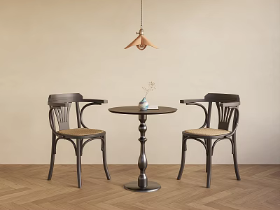 Elegant Round Dining Table with Wooden Armchairs Vase and Pendant Lamp on Herringbone Floor 3d model