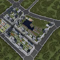 Urban Aerial View Planning Featuring High Rise Buildings Green Areas and Road Layouts