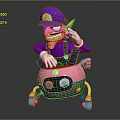 Purple Doll With Purple Hat And W Logo Sitting On Pink Cart With Green Wheels