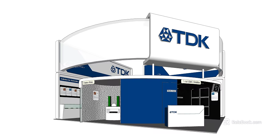 TDK Exhibition Booth With Modern Curved Structure And Blue White Design Elements 3d model 