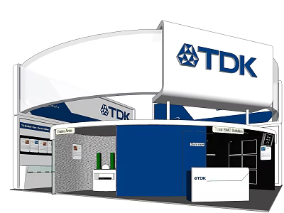 TDK Exhibition Booth With Modern Curved Structure And Blue White Design Elements 3d model