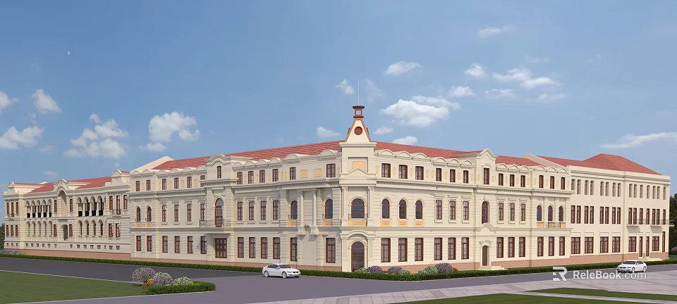 European Style Building Exterior with Cream Exterior Red Roof Clock Tower Front Lawn and White Car 3d model 