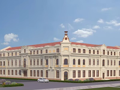 European Style Building Exterior with Cream Exterior Red Roof Clock Tower Front Lawn and White Car 3d model