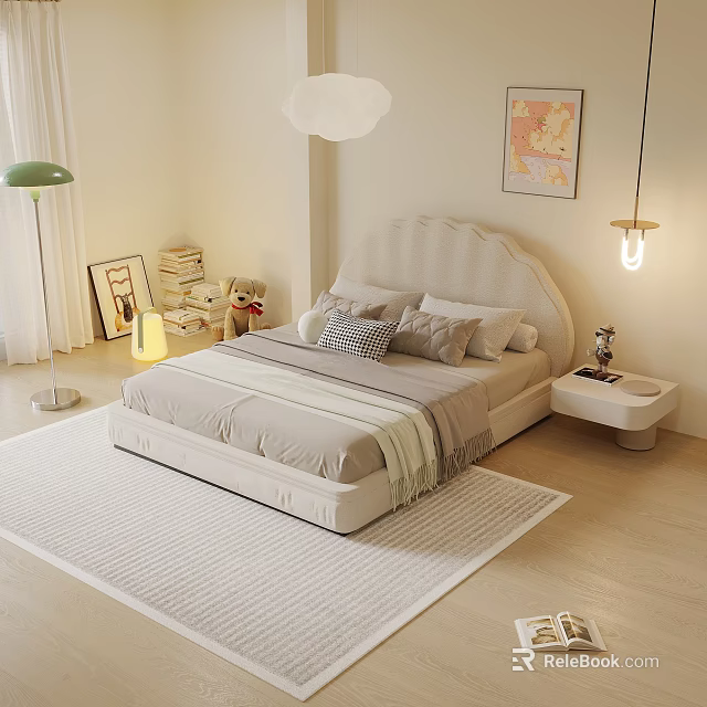 Cozy White Kids Bed With Arched Headboard Soft Rug Teddy Bear And Decorative Painting 3d model 