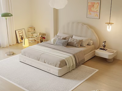 Cozy White Kids Bed With Arched Headboard Soft Rug Teddy Bear And Decorative Painting 3d model