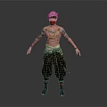 Detailed Tattooed Male Character With Pink White Hair Mask And Dark Pants