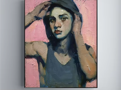 Oil Painting Female Portrait with Hands on Head Wearing Dark Tank Top Pink Background Brushstrokes 3d model