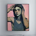 Oil Painting Female Portrait with Hands on Head Wearing Dark Tank Top Pink Background Brushstrokes