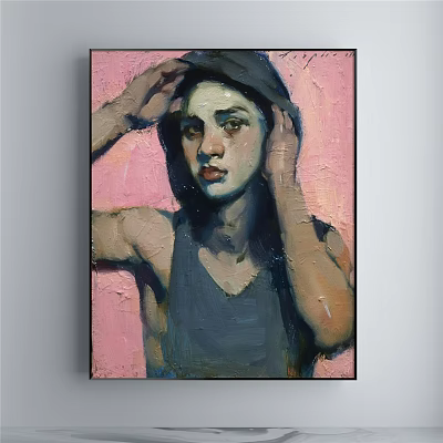 Oil Painting Female Portrait with Hands on Head Wearing Dark Tank Top Pink Background Brushstrokes 3d model