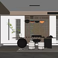 Modern Tea Room Interior With Wooden Lattice Screen Pendant Lights Tea Table And Green Plant
