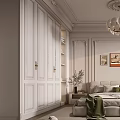 Elegant Classic Bedroom Interior With White Wardrobes Decorative Paintings Chandelier And Rug