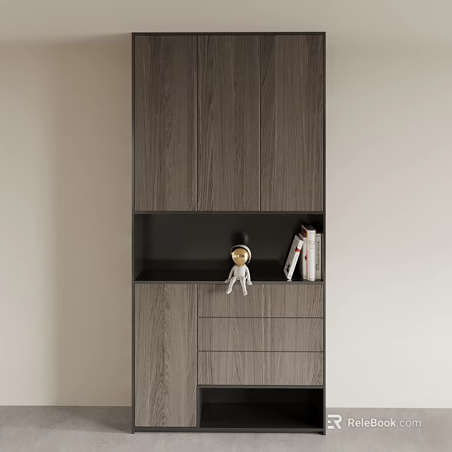 Modern Gray Wooden Texture Shoe Cabinet With Doors Drawers Open Shelf Astronaut Figurine And Books 3d model 