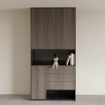 Modern Gray Wooden Texture Shoe Cabinet With Doors Drawers Open Shelf Astronaut Figurine And Books 3d model