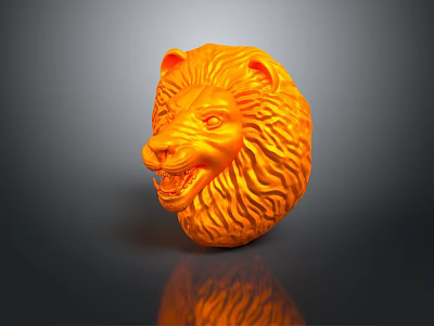 Artistic Orange Lion Head Sculpture With Detailed Textured Surface And Reflective Base 3d model