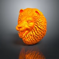 Artistic Orange Lion Head Sculpture With Detailed Textured Surface And Reflective Base