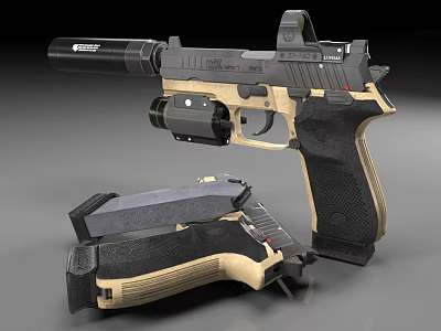 Tactical Black Tan Pistol With Suppressor Detachable Magazine Textured Grip And Modern Design 3d model