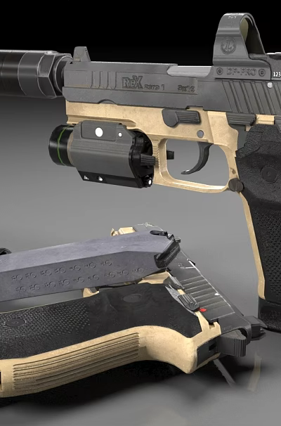 Tactical Black Tan Pistol With Suppressor Detachable Magazine Textured Grip And Modern Design 3d model