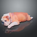 Realistic Orange And White Bulldog Lying On Black Smooth Surface With Reflection