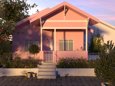 Pink Detached Villa with Front Porch and Steps Surrounded by Greenery and Trees at Sunset 3d model