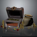 Open Treasure Chest Scene With Money Bag Gold Coins And Colorful Gemstones
