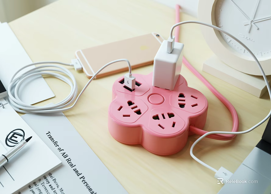 Pink Flower Shaped Power Strip with Plugs Mobile Phone and Cables on Desk 3d model 