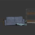 Metal Frame Bunk Bed with Blue Sofa Wooden Side Table and Blue Floor Cushion