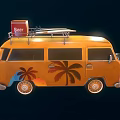 Orange Vintage Van With Roof Rack Red Box Surfboard And Palm Tree Decals