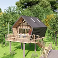 Modern Detached Villa on Stilts with Wooden Deck Green Lawn and Trees