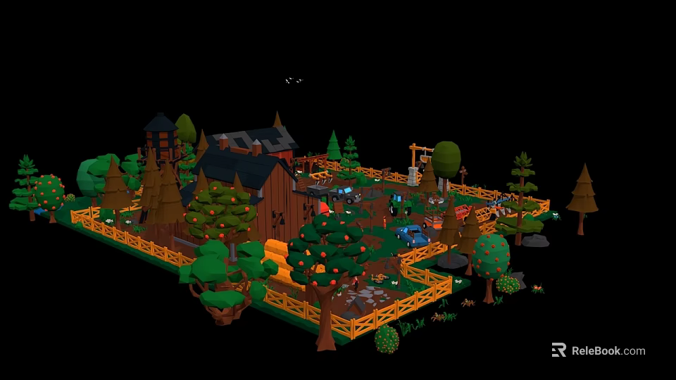 Cartoon Forest Scene With Wooden House Green Trees Fence And Path 3d model 