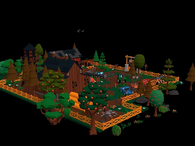 Cartoon Forest Scene With Wooden House Green Trees Fence And Path 3d model