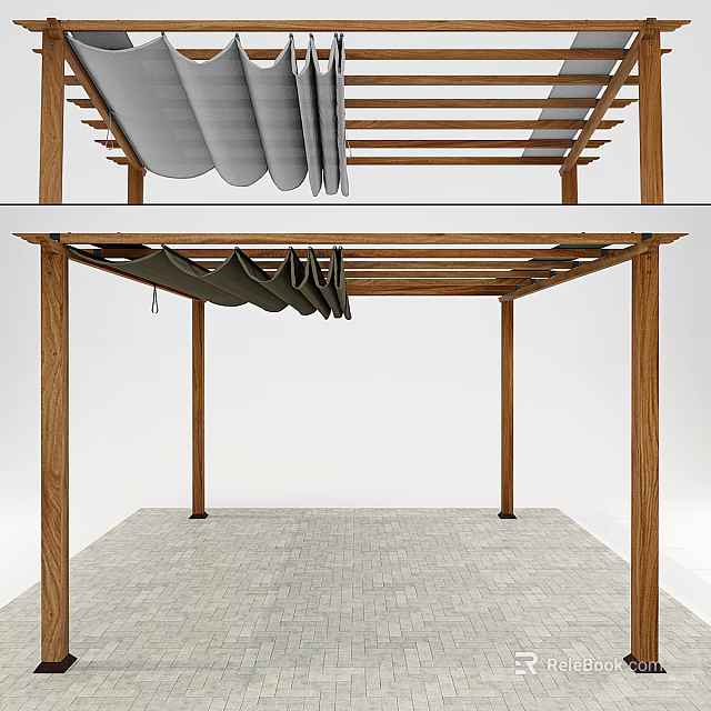 Outdoor Wooden Frame Canopy With Gray Fabric Panels And Paved Floor 3d model 
