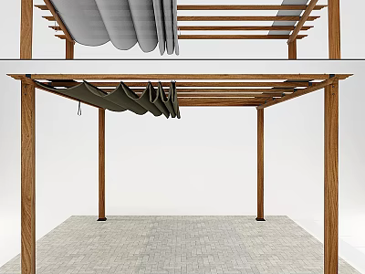 Outdoor Wooden Frame Canopy With Gray Fabric Panels And Paved Floor 3d model