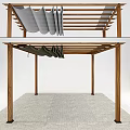 Outdoor Wooden Frame Canopy With Gray Fabric Panels And Paved Floor