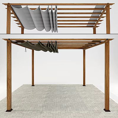 Outdoor Wooden Frame Canopy With Gray Fabric Panels And Paved Floor 3d model