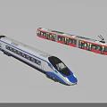 White and Blue High Speed Train and Red Black Tram with Streamlined Design and Pantograph