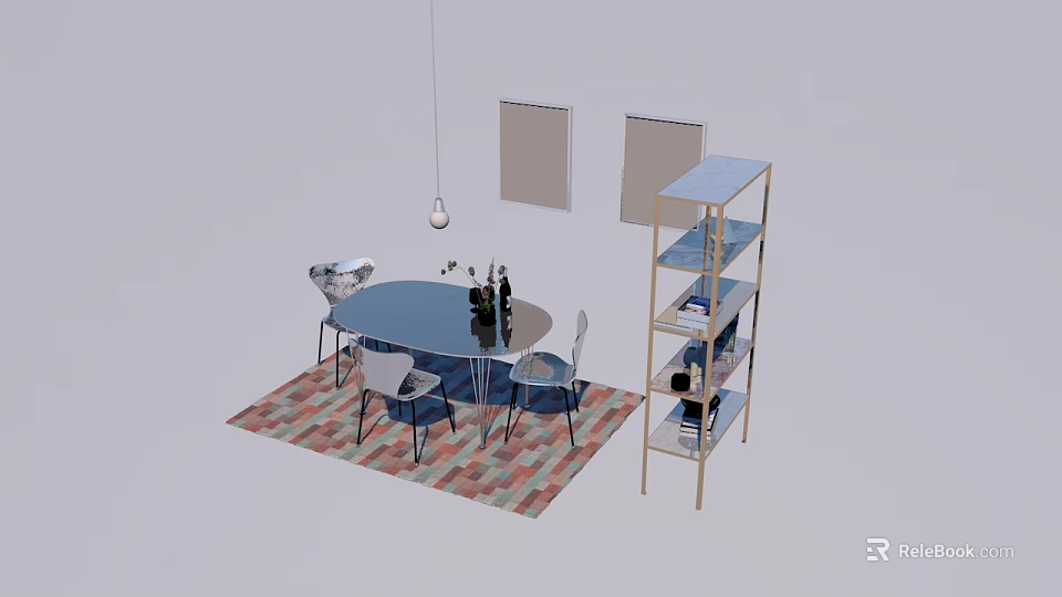 Round Blue Dining Table Set With Chairs Wine Glasses Hanging Lamp Colorful Rug And Shelf 3d model 