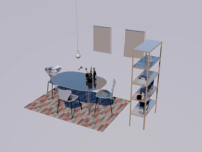 Round Blue Dining Table Set With Chairs Wine Glasses Hanging Lamp Colorful Rug And Shelf 3d model