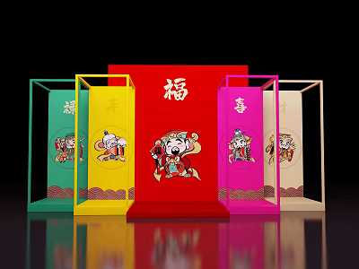 Colorful Traditional Chinese Festival Decorative Stands With Fu Lu Xi Characters And Cartoon Figures 3d model