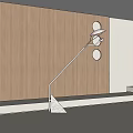 Minimalist Floor Lamp with White Shade by Wooden Wall and Round Cutouts