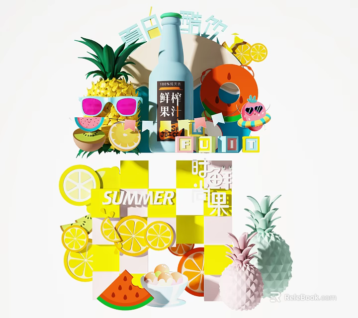 Summer Fresh Fruits Display With Pineapple Lemon Slices Sunglasses And Drinks 3d model 