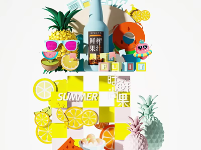 Summer Fresh Fruits Display With Pineapple Lemon Slices Sunglasses And Drinks 3d model