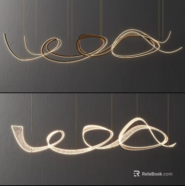 Contemporary Curved Chandelier Featuring Flowing Metallic Lines and Bright Illuminated Glow 3d model 