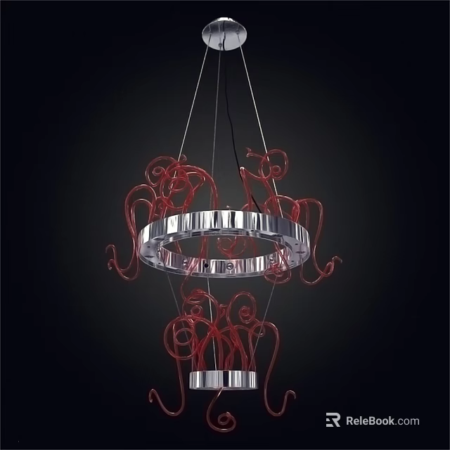 Modern Chandelier With Red Curly Decorations And Silver Circular Rings Design 3d model 