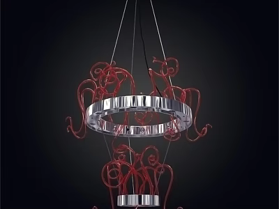 Modern Chandelier With Red Curly Decorations And Silver Circular Rings Design 3d model