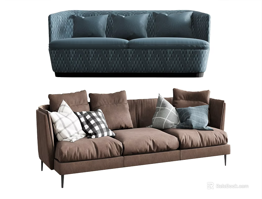 Brown and Blue Sofa Set with Multiple Decorative Pillows and Comfortable Design 3d model 
