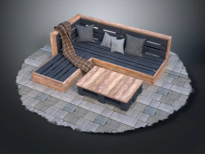 L Shaped Wooden Sofa With Gray Cushions Plaid Blanket Coffee Table On Outdoor Stone Floor 3d model