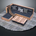 L Shaped Wooden Sofa With Gray Cushions Plaid Blanket Coffee Table On Outdoor Stone Floor