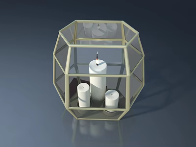 Octagonal Glass Display Cabinet With Hinged Door And Three Candles Inside 3d model