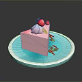 Pink Cake Slice With Fresh Strawberries Cream And Green Leaves On Blue Plate